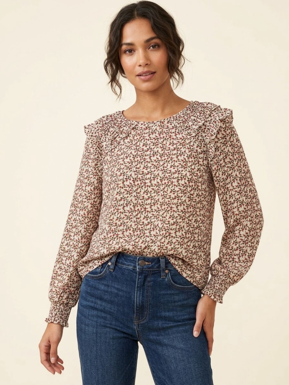 Max Studio Womens Blouse Small Floral Ruffle Shoulder Long Sleeve Cream Red Top
